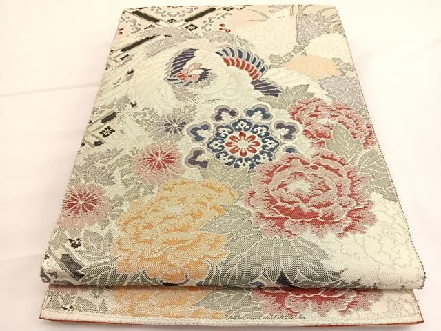 平和屋着物◎佐賀錦 両面 全通柄袋帯 鳳凰花文 銀糸 正絹 逸品