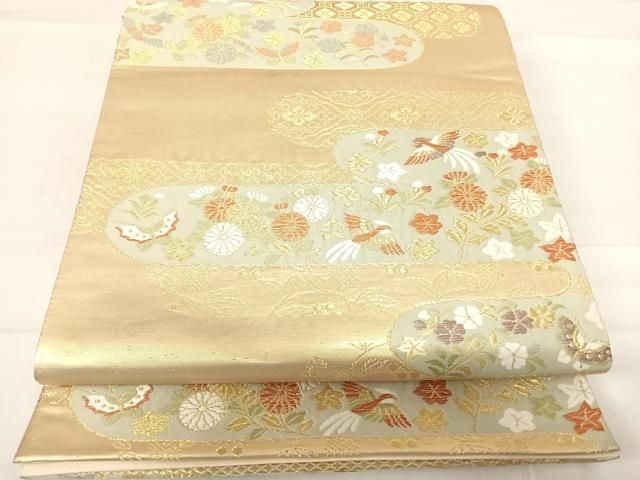 平和屋着物◎六通柄袋帯 唐織 エ霞舞蝶花鳥文 金糸 正絹 逸品