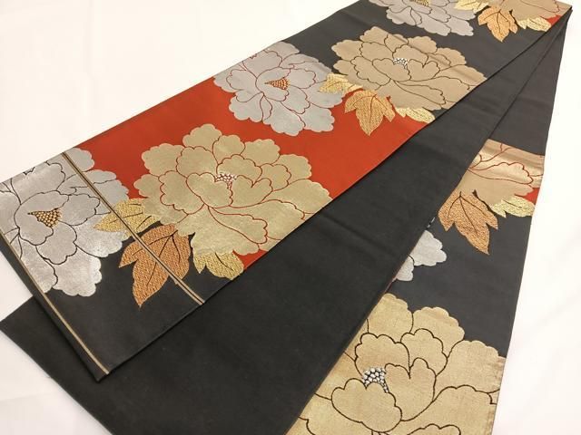平和屋着物◎六通柄袋帯 牡丹 黒地 金銀糸 正絹 逸品 BAAV8910hv