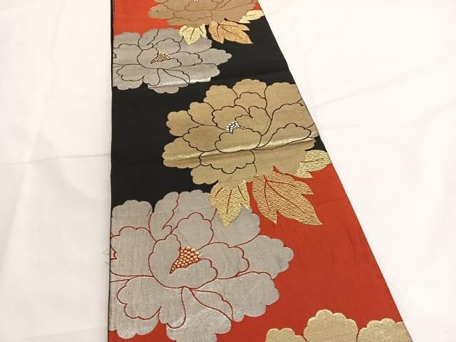 平和屋着物◎六通柄袋帯 牡丹 黒地 金銀糸 正絹 逸品 BAAV8910hv