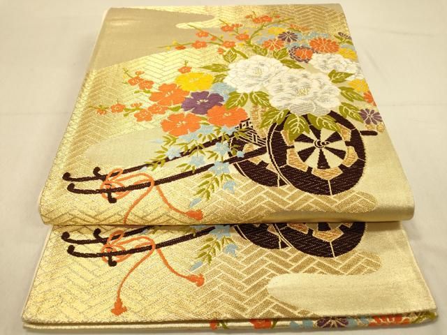 平和屋着物◎六通柄袋帯 唐織 流水花車文 金銀糸 正絹 逸品 DAAZ3909jm