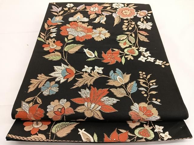 平和屋着物◎西陣 六通柄袋帯 唐織 更紗花文 黒地 金銀糸 証紙付き