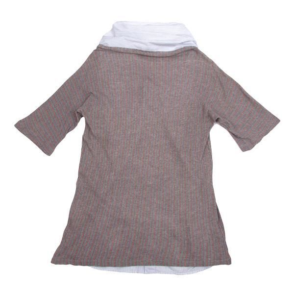 ワイズY's ストライプシャツ切り替えニットブラウス 白水色グレー2