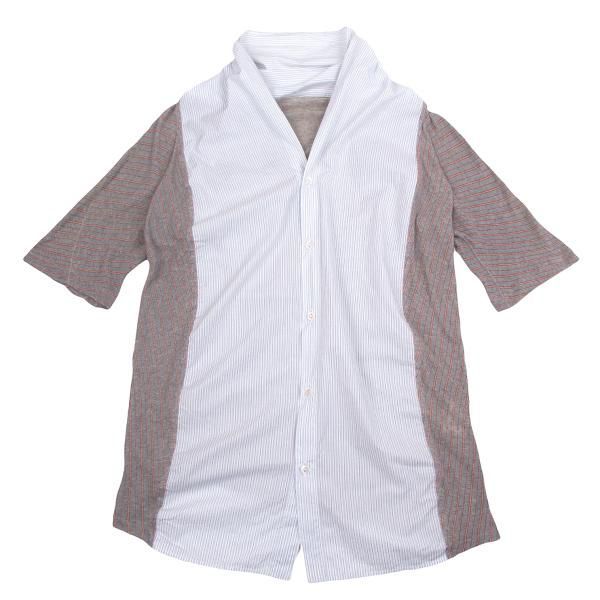 ワイズY's ストライプシャツ切り替えニットブラウス 白水色グレー2