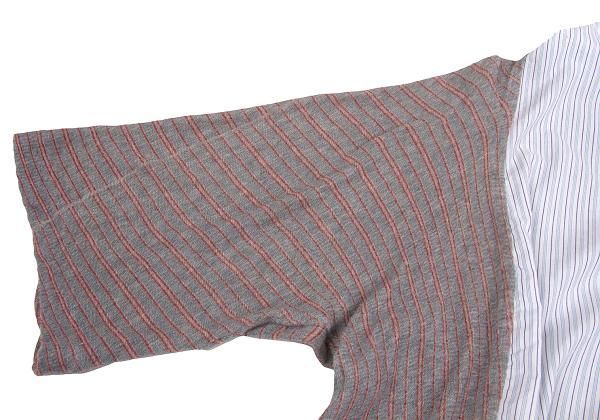 ワイズY's ストライプシャツ切り替えニットブラウス 白水色グレー2