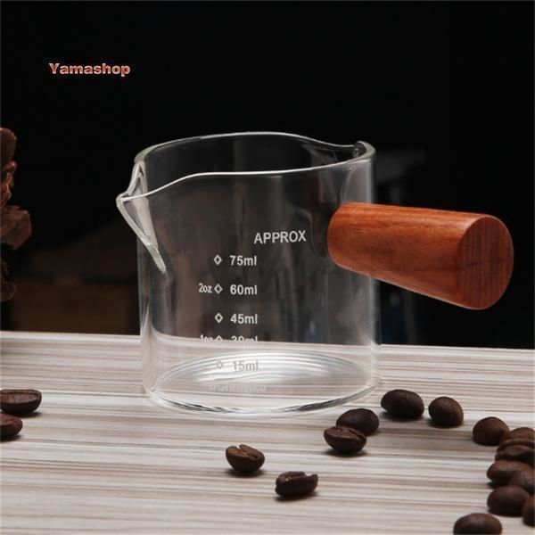 新品?未使用】エスプレッソ計量カップ 耐熱ガラス 木製ハンドル ダブル