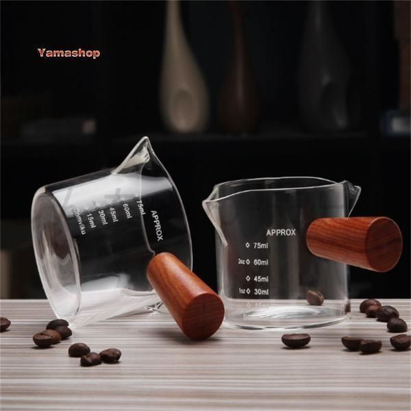 新品?未使用】エスプレッソ計量カップ 耐熱ガラス 木製ハンドル ダブル