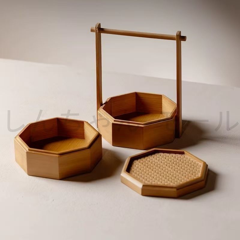 竹製 八角形バスケット 収納 新品?未使用】 おもてなし 八角形 箱 収納ケース＆トレー 巾着付 竹製