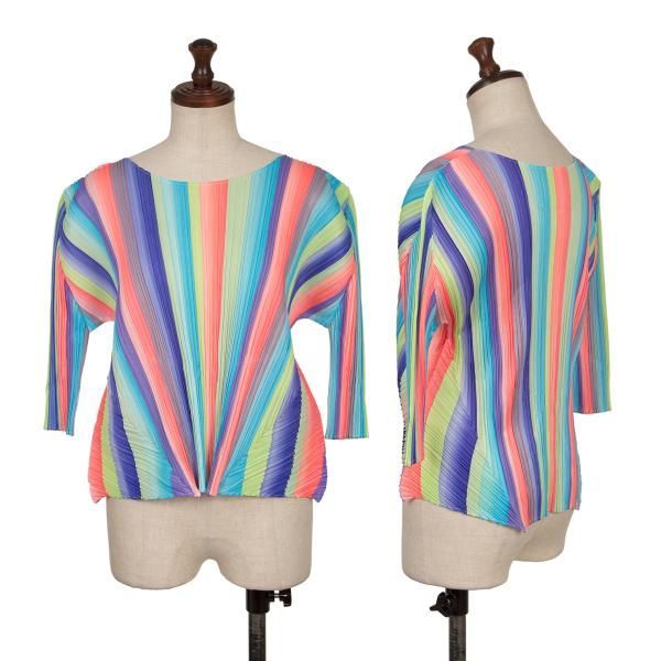 プリーツプリーズPLEATS PLEASE プリーツカラフルストライプカットソー