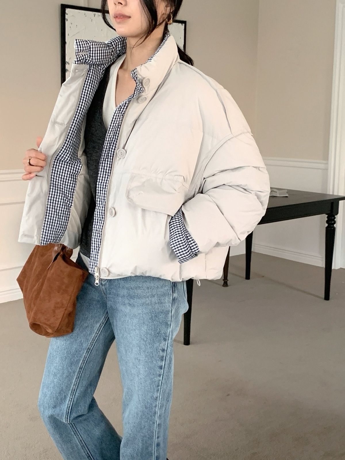 実物の方が可愛い)バイカラー CHECK ダウン (冬 ダウン ダックダウン 軽量で暖かい)