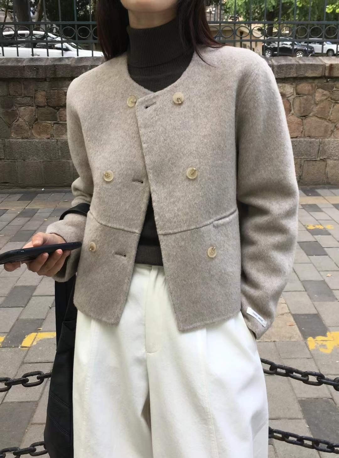 注文殺到、ムイダブルCT）ハンドメイド、ウール100、ショート、ノーカラー、ラウンド