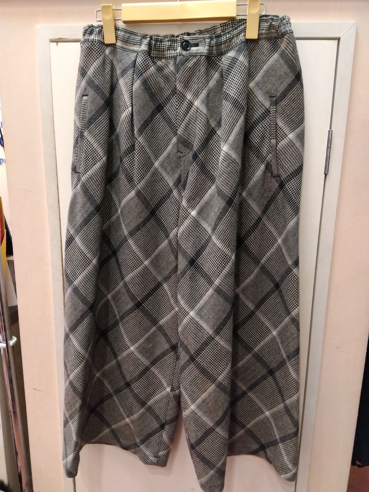 M 17 ワイズ Y s チェック柄 ウエストゴム 紐調整可 大ぶり柄 ワイドパンツ モード系 オシャレ ヨウジヤマモト