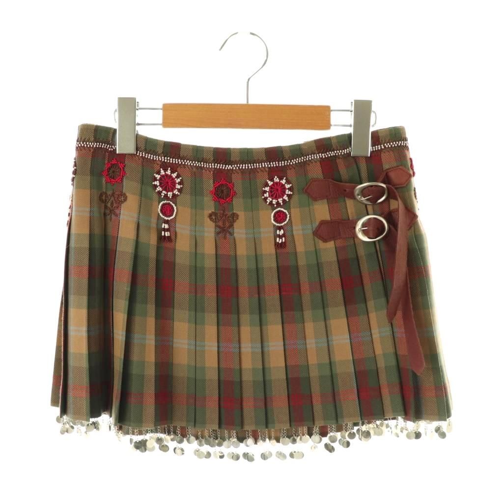 【中古】ケイタマルヤマ KEITA MARUYAMA 装飾ウールチェックミニスカート プリーツ 1 カーキ ベージュ /HK ■OS ■SH ケイタマルヤマ KEITA MARUYAMA 装飾ウールチェックミニスカート