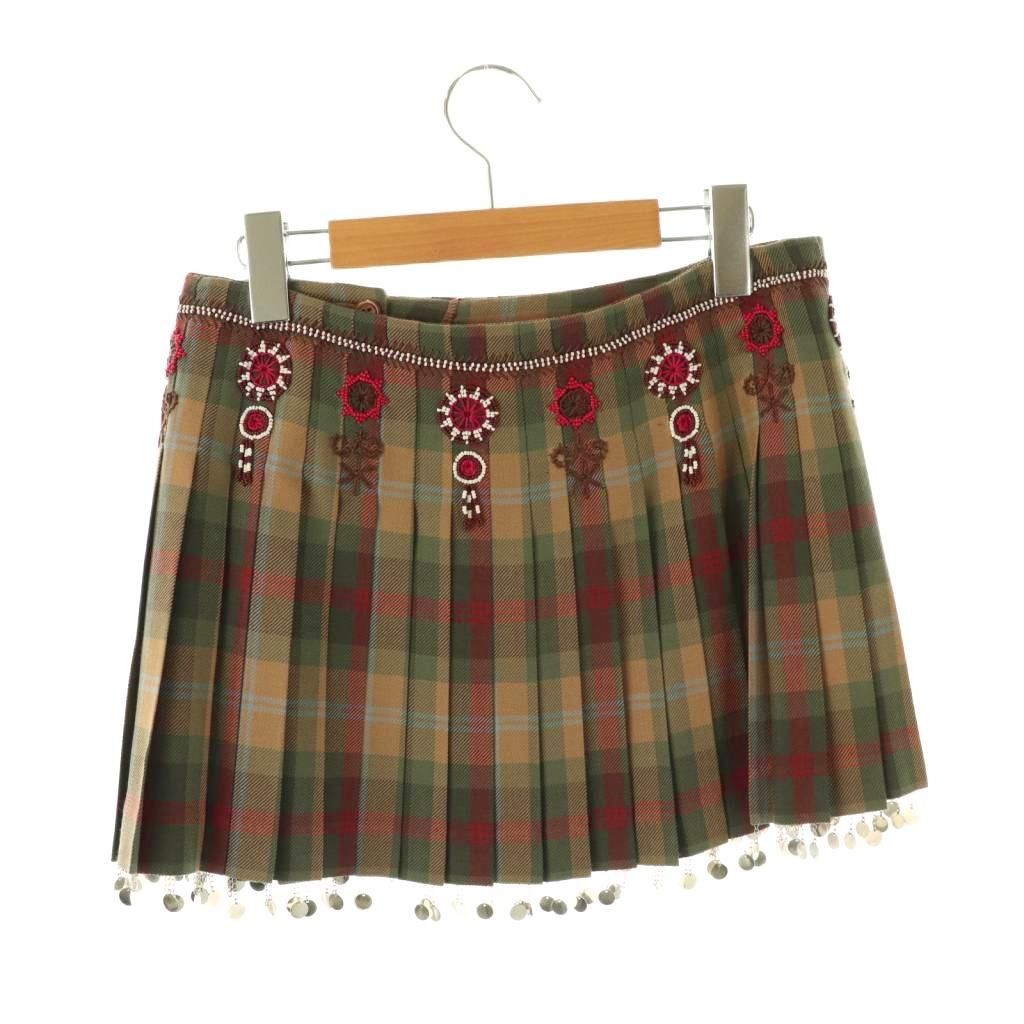 ケイタマルヤマ KEITA 装飾ウールチェックミニスカート プリーツ 1 カーキ ベージュ HK OS SH