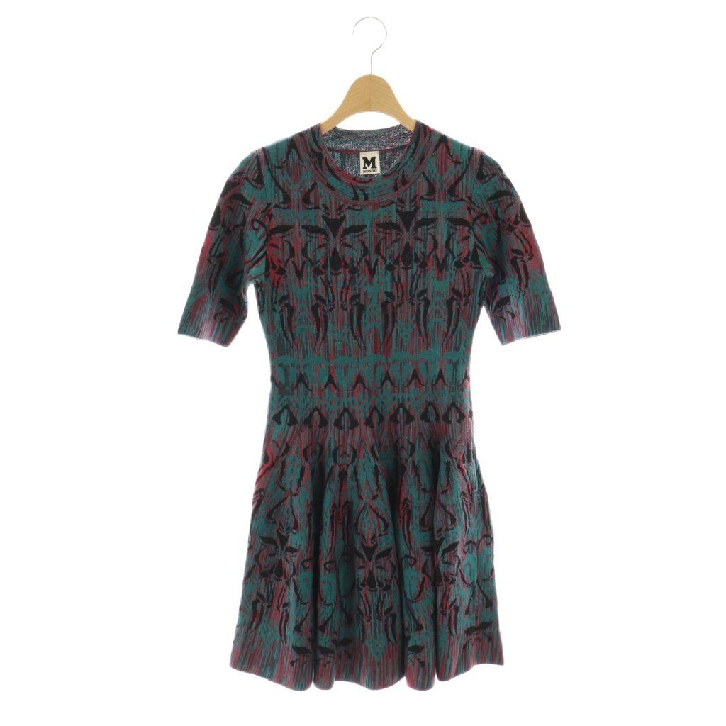 エムミッソーニ M MISSONI ウール総柄ニットワンピース ミニ 半袖 38 グリーン ピンク HK OS