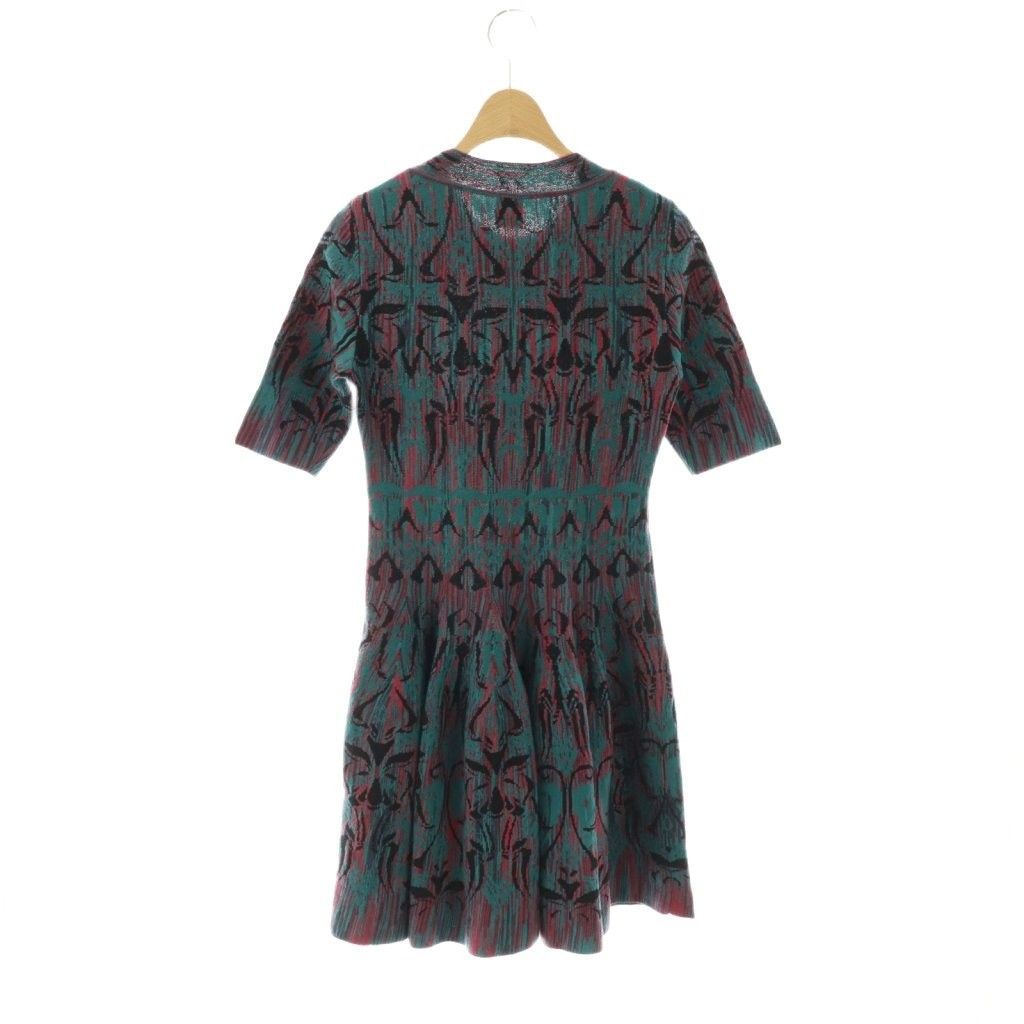 エムミッソーニ M MISSONI ウール総柄ニットワンピース ミニ 半袖 38 グリーン ピンク HK OS