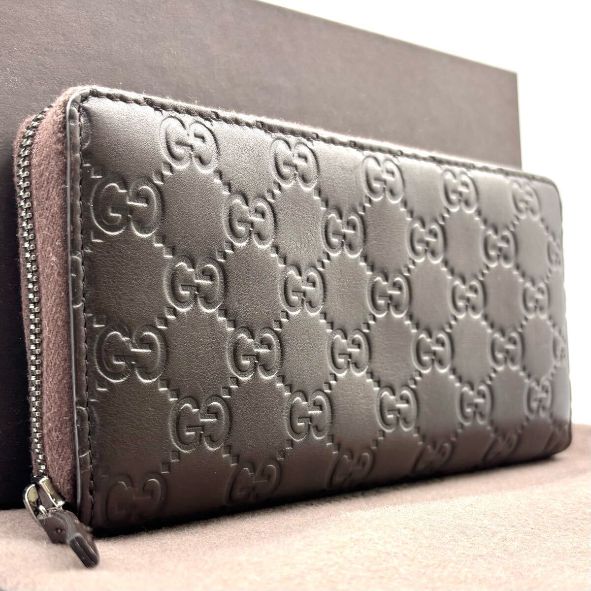 ｍ2 GUCCI 長 財布 ジップ アラウンド ウォレット ラウンド ファスナー 小銭入れ コインケース 付き GGエンボス ダークブラウン グッチ シマ レザー