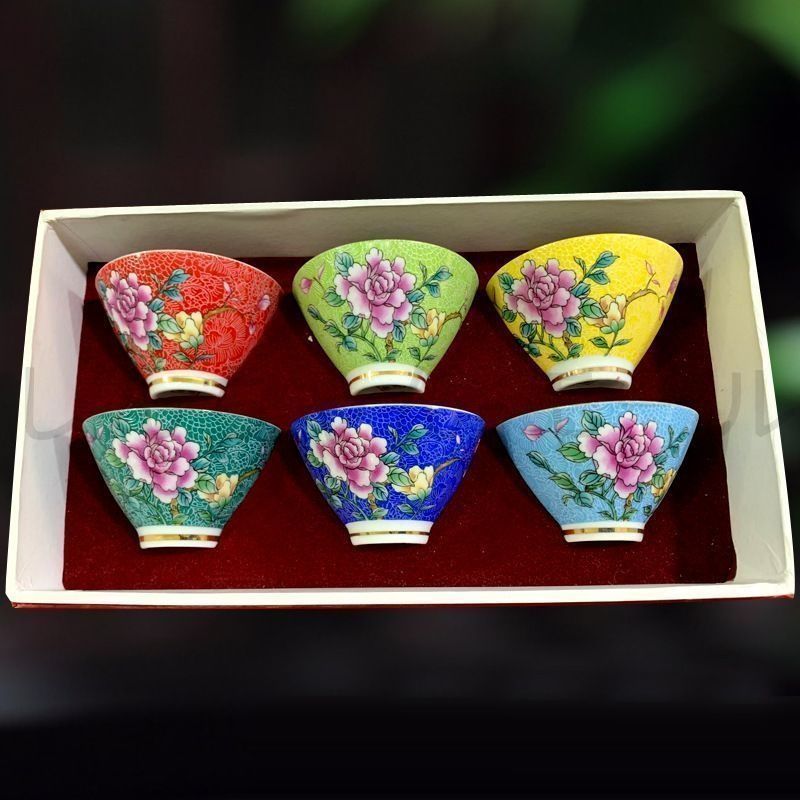 新品・未使用】景徳鎮風 花柄茶杯 6個セット カラフル 磁器 湯のみ