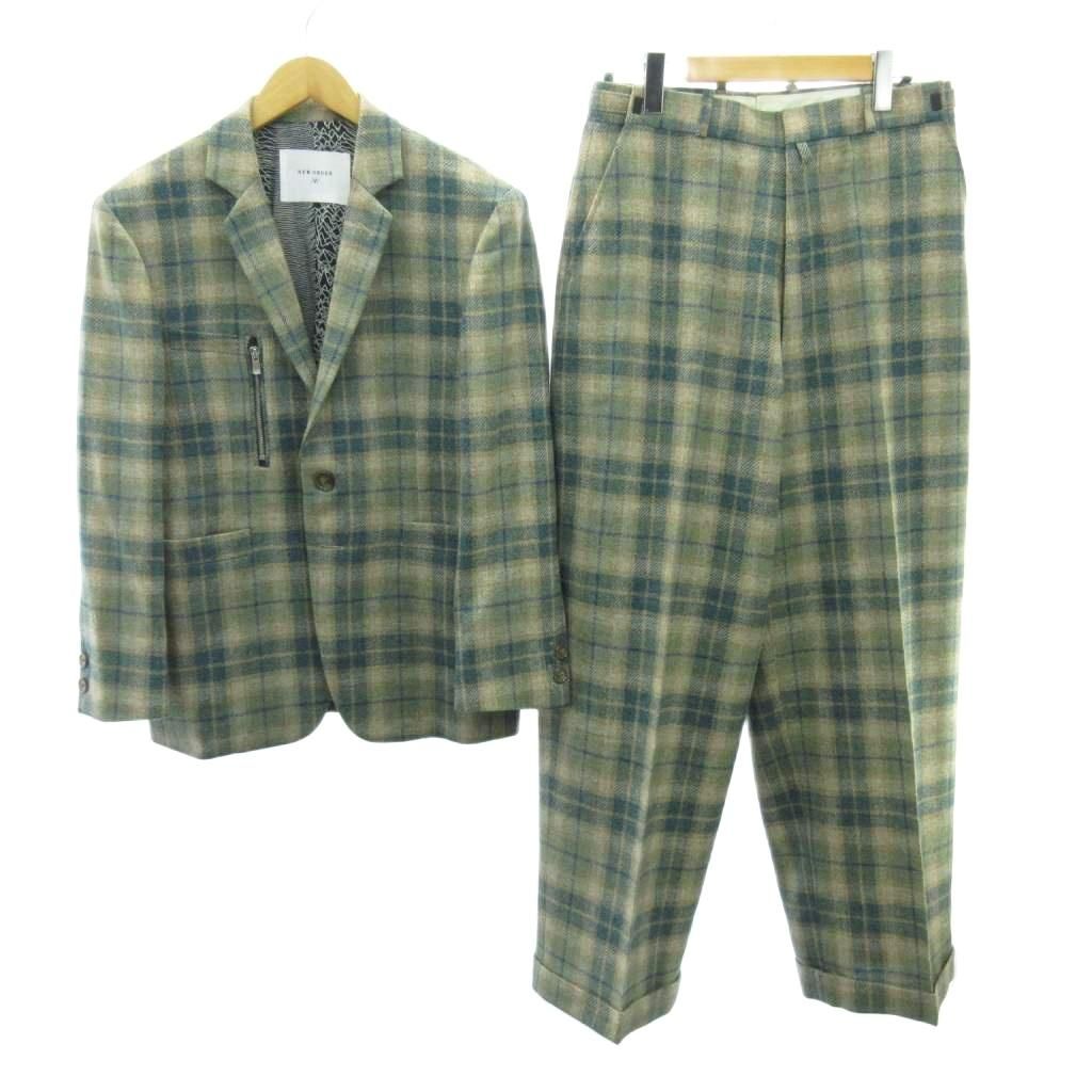 ニュー オーダー ORDER シングルスーツ セットアップ テーラードジャケット パンツ チェック柄 ウール 1 緑 グリーン ベージュ 1206