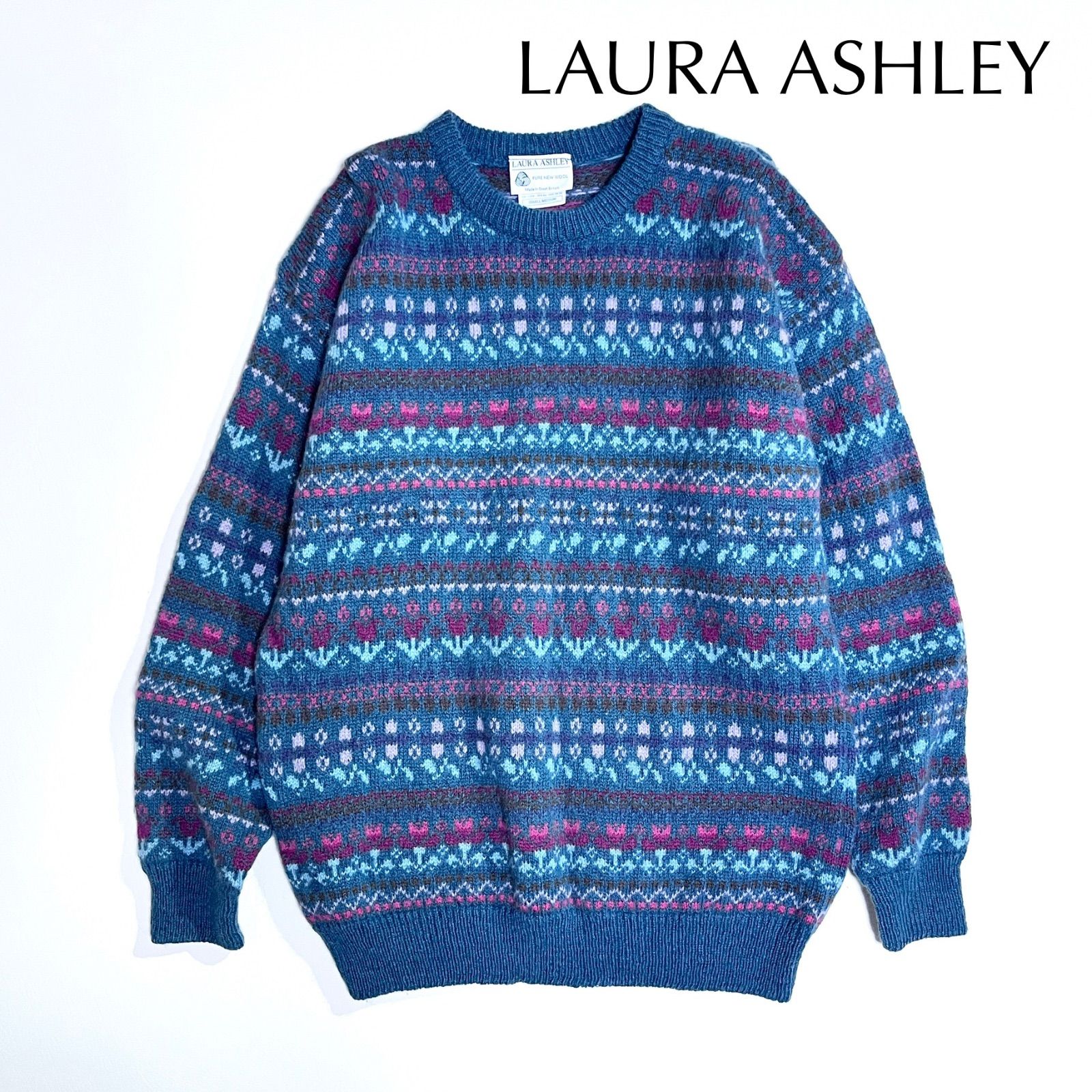 cZ10 LAURA ASHLEY ヴィンテージ 花柄 チューリップ柄 ノルディック 編み込み ウール 毛 ハンドメイド ニット セーター 厚手 大きいサイズ ゆったり　古着　ローラアシュレイ cZ10 LAURA ASHLEY ヴィンテージ 花柄 チューリップ柄 ノルディック