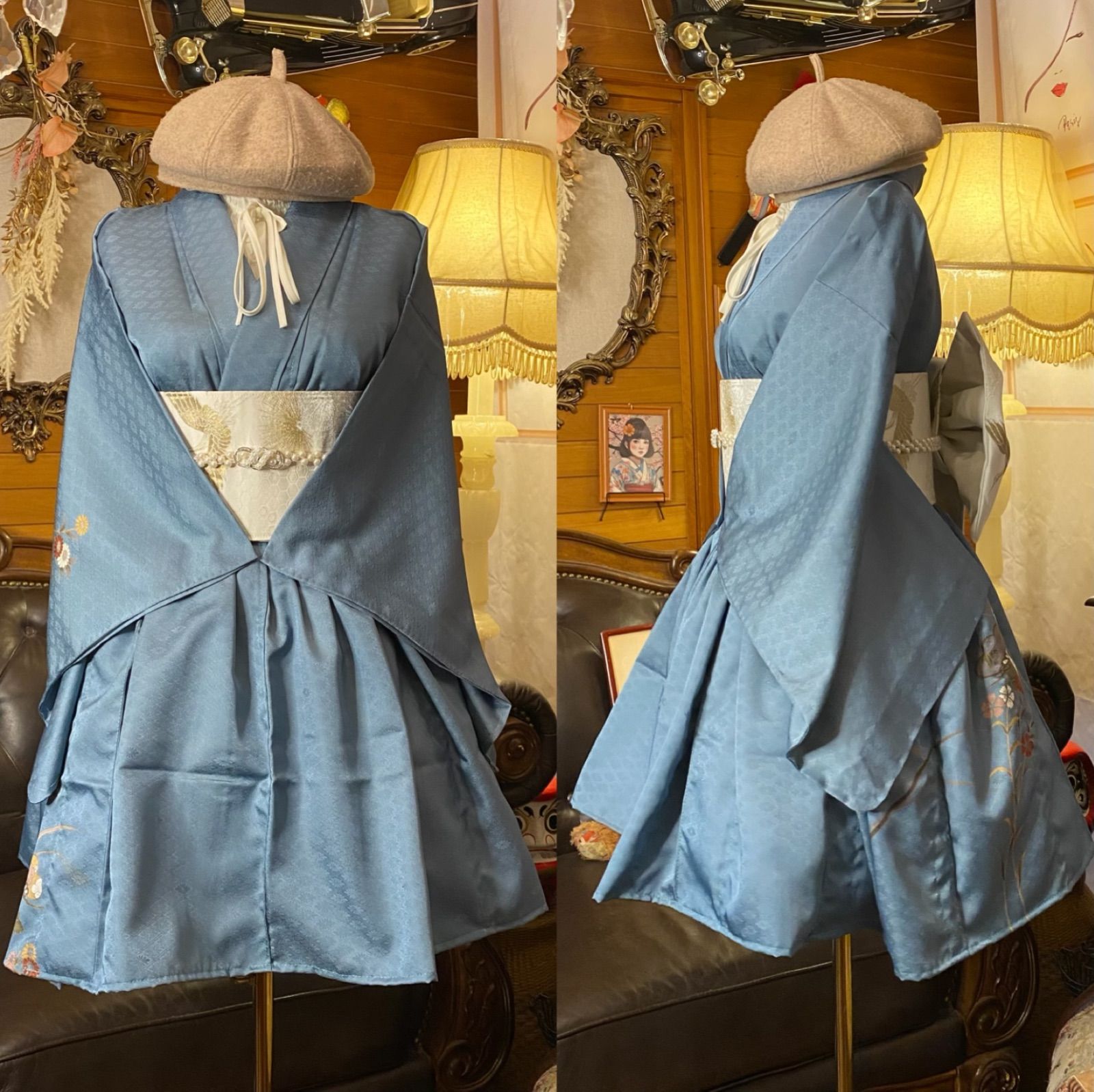 付け下げ着物 ミニ丈 ワンピース ドレス 和ロリ 2部式作り帯 京袋ぉ帯 リメイク 和洋折衷 洗える 化繊 ハンドメイド レトロ 古着 単衣 freeサイズ 夢見るようなブルー MKW-61