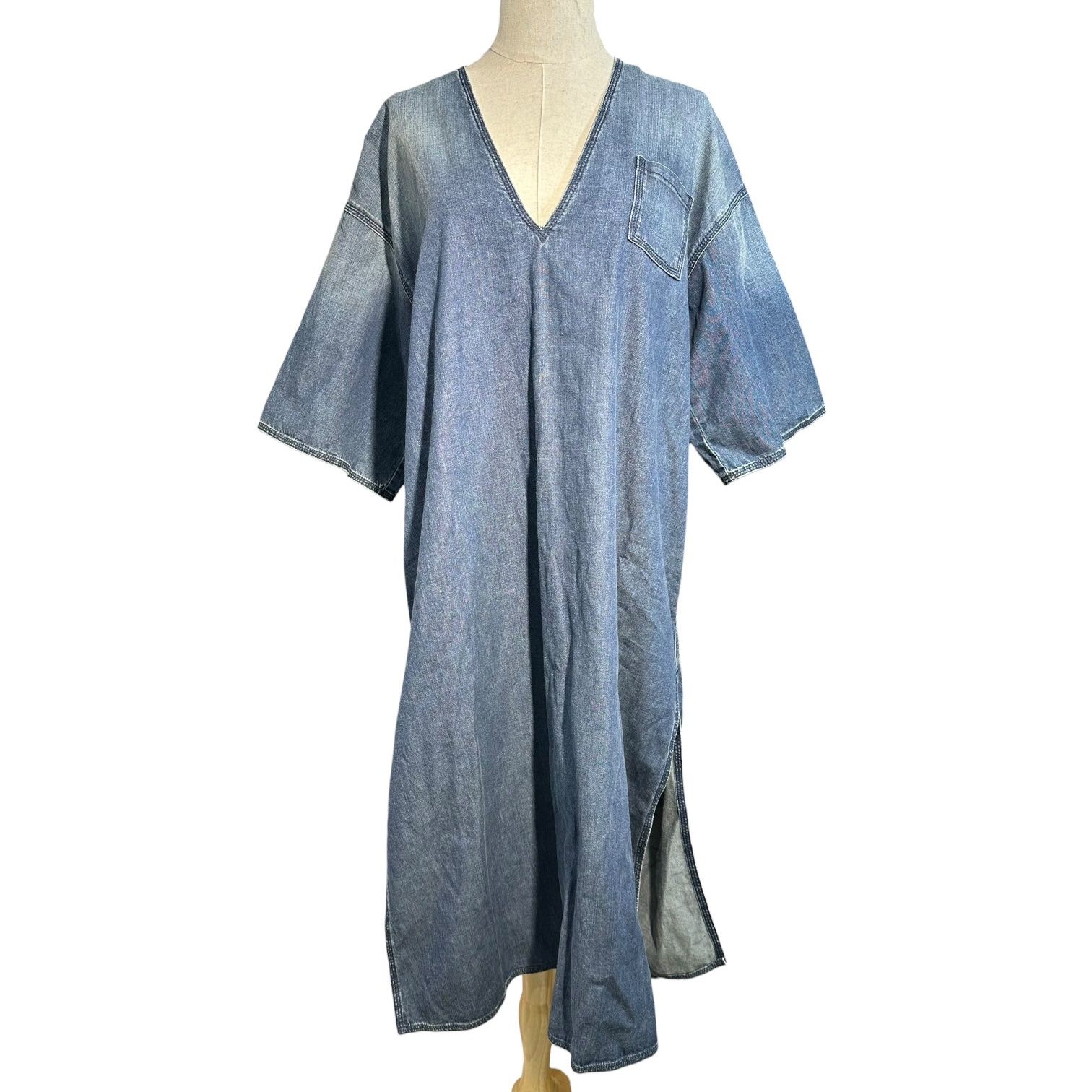 MM 6 Maison Margiela エムエムシックス 19 SS V Neck Denim Smock Dress Vネック デニム スモック ワンピース S 30512 36 S程度 インディゴ