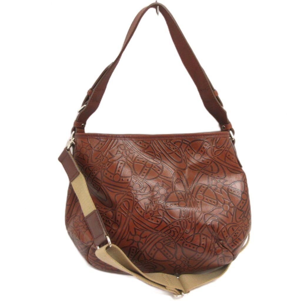 ヴィヴィアン　激レア　トートバッグ　オーブ総柄　ロゴエンボス　本革　ブラウン 希少✨ ヴィヴィアンウエストウッド トートバッグ ブラウン レザー オーブ