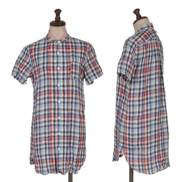 ジュンヤワタナベマンピンク コムデギャルソンJUNYA WATANABE MAN PINK COMME des GARCONS 襟ストライプ切替マドラスチェック半袖シャツ 青赤他S