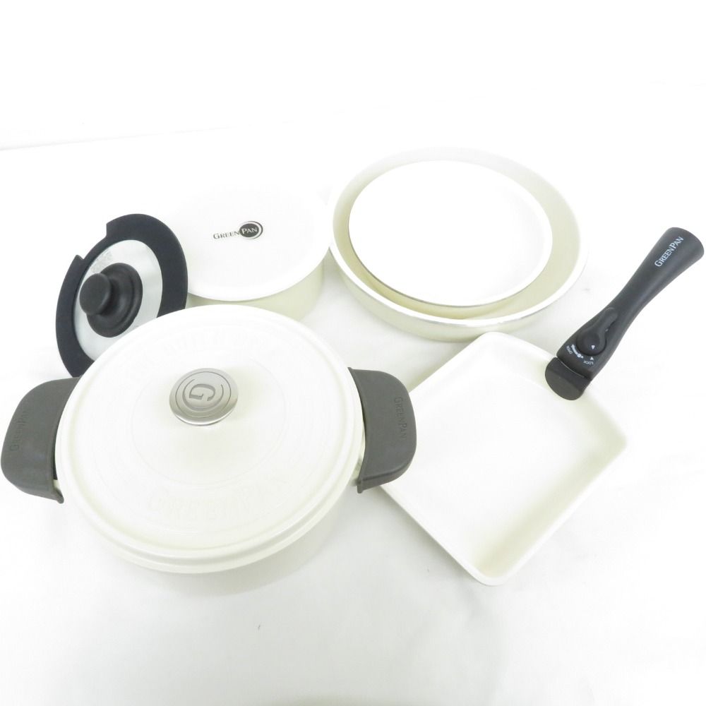 調理器具 グリーンパン セット 鍋 片手鍋 フライパン20 cm 25 卵焼き用 ガラス蓋 保存蓋 ハンドル付き 取っ手着脱式 ホワイト