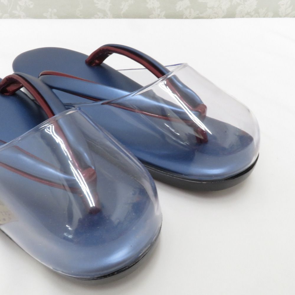  草履 雨草履 フリーサイズ ウレタンソール カバー付 ブルー系×小豆色 エナメル しぐれ履き 爪付 草履 和装履物