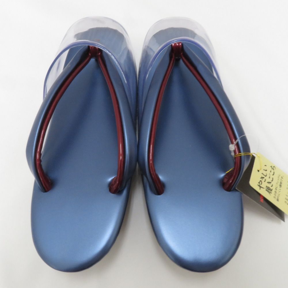 草履 雨草履 フリーサイズ ウレタンソール カバー付 日本製 ブルー系×小豆色 エナメル しぐれ履き 爪付