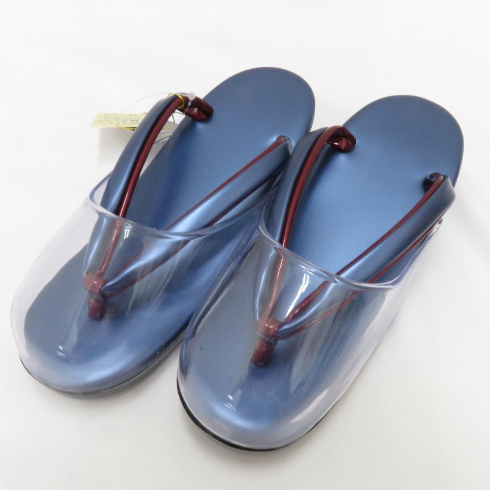 草履 雨草履 フリーサイズ ウレタンソール カバー付 日本製 ブルー系×小豆色 エナメル しぐれ履き 爪付