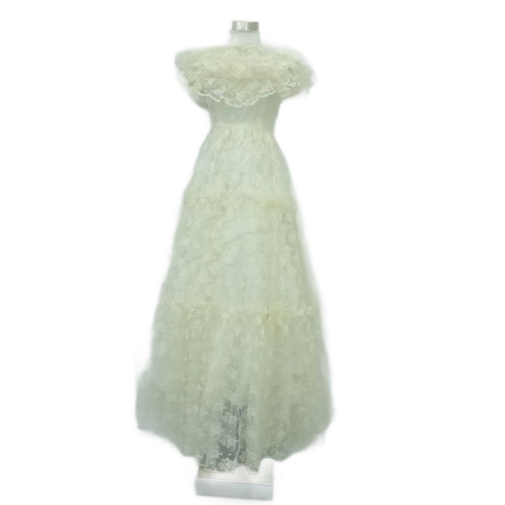 ハナサユ ドレス ワンピース ハイネック 半袖 ロング丈 マキシ丈 総レース アイボリー パニエ付き 2115019 HO 37 GY 58