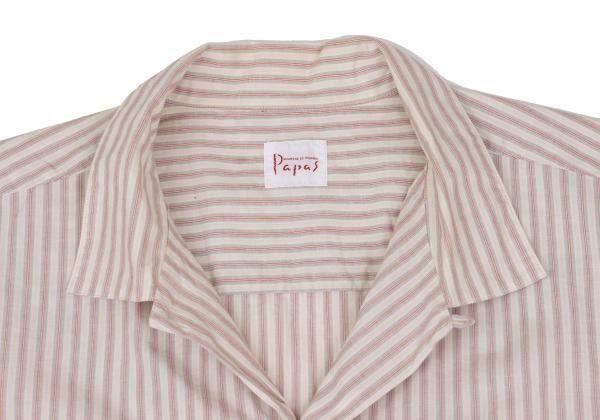 パパスPapas アウトレット コットンストライプ半袖シャツ ピンクベージュL