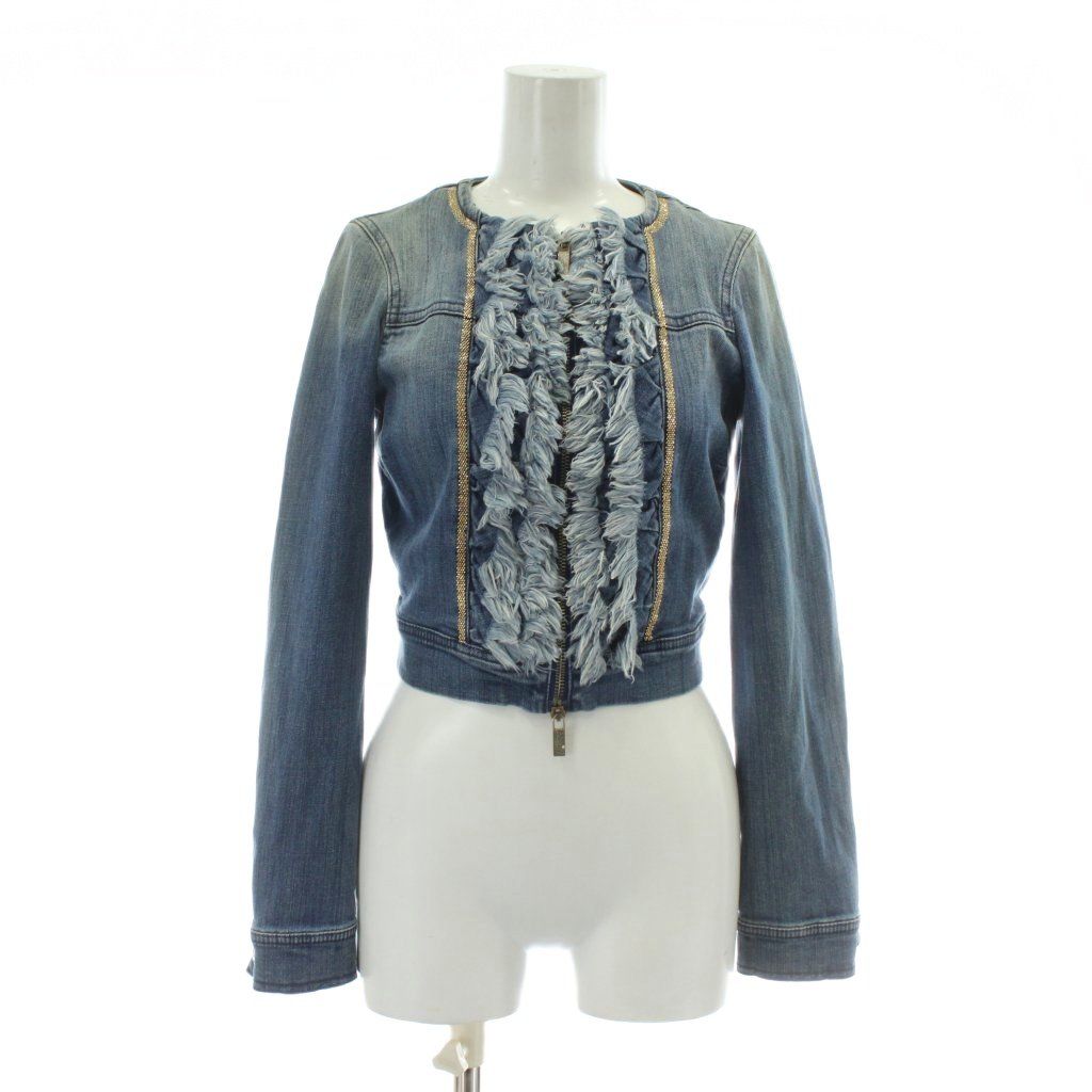 【中古】未使用品 BLUGIRL デニムジャケット Gジャン ノーカラー フリンジ ラインストーン ジップアップ 38 M 青 ブルーガール BLUGIRL デニムジャケット Gジャン ジージャン ノー