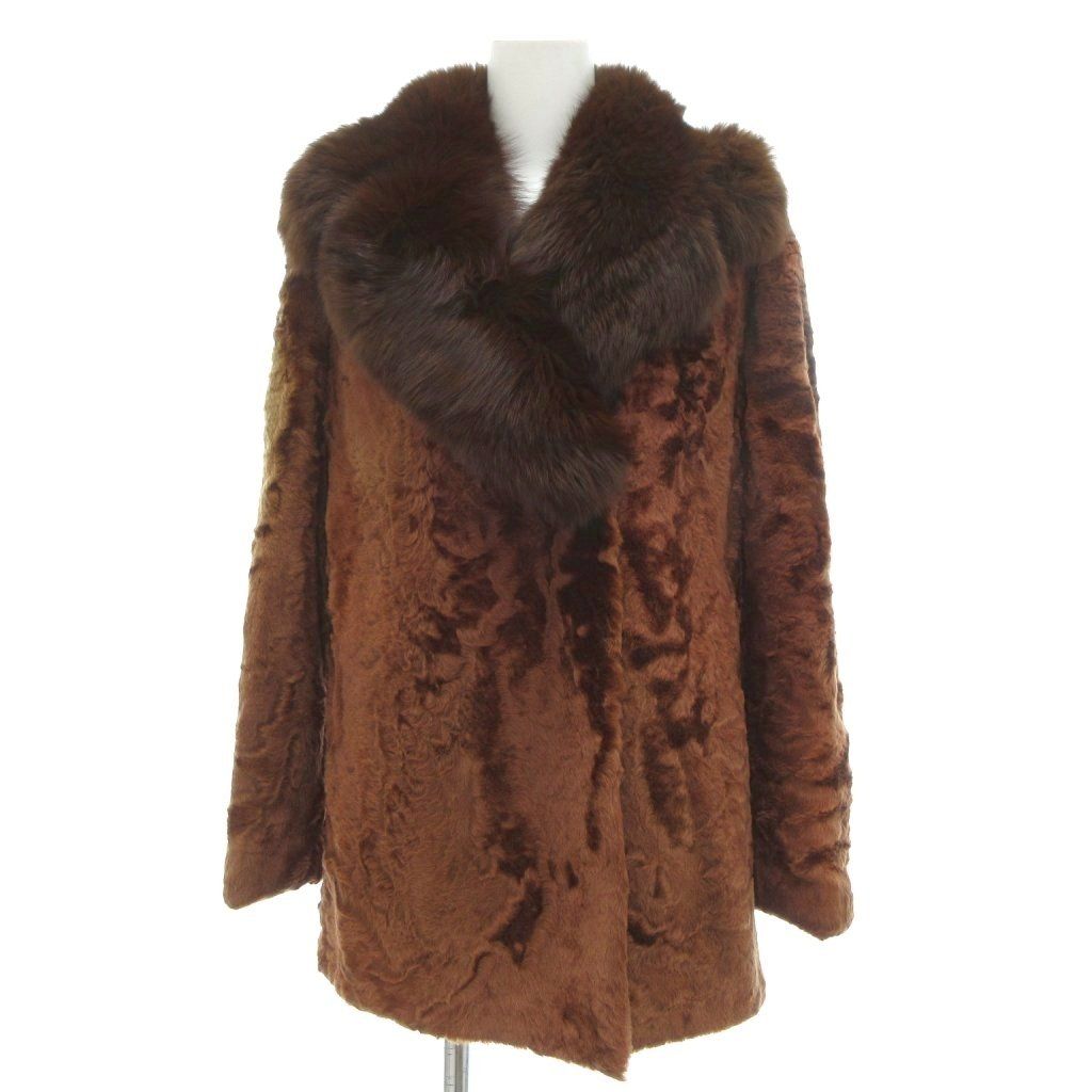 【中古】ヤマオカ yamaoka ファーコート 毛皮 ラム 衿フォックス ミドル ハーフ丈 茶 ブラウン /UO ■GY18 ヤマオカ yamaoka ファーコート 毛皮 ラム 衿フォックス ミドル ハーフ