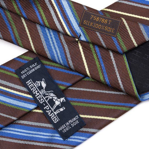 エルメスHERMES マルチストライプジャガードシルクネクタイ 茶青緑