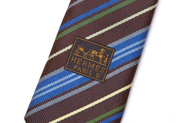 エルメスHERMES マルチストライプジャガードシルクネクタイ 茶青緑 エルメスHERMES マルチストライプジャガードシルクネクタイ 茶青緑