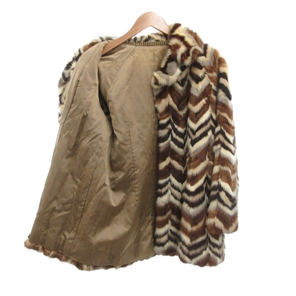 【中古】ノーブランド ファーコート 毛皮 ミンク 総柄 ストライプ ハーフ丈 茶 ブラウン 白 ホワイト /JS ■GY11 ノーブランド ファーコート 毛皮 ミンク 総柄 ストライプ ハーフ丈 茶