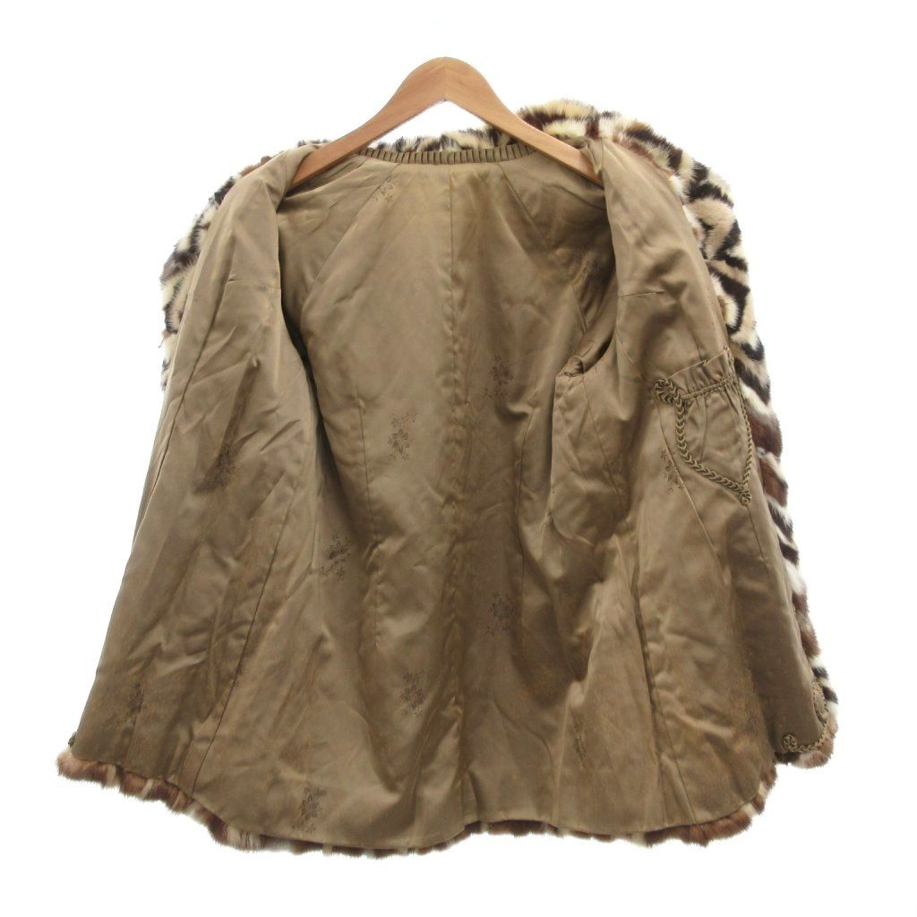 ノーブランド ファーコート 毛皮 ミンク 総柄 ストライプ ハーフ丈 茶