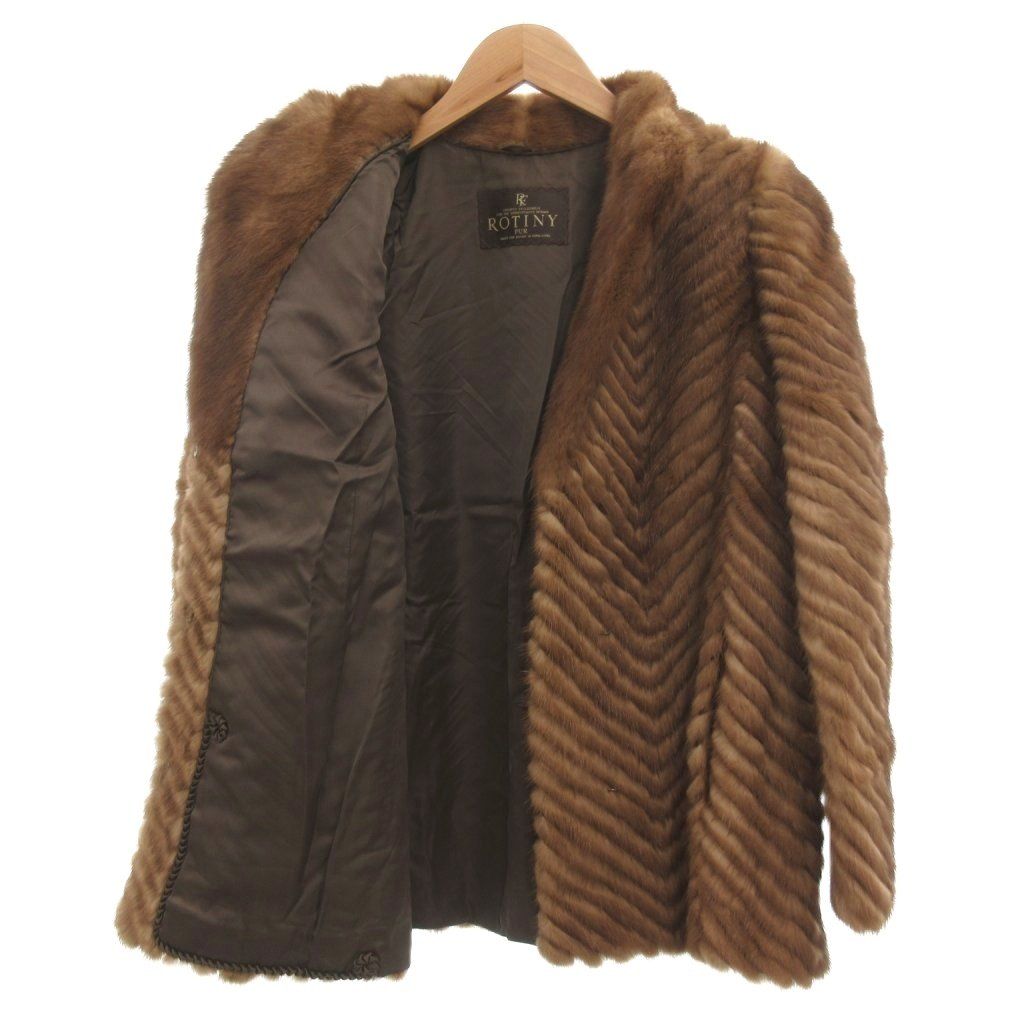 ミンク　ブラウンファー コート　ROTINY ロティニー ROTINY ファーコート ミンク 毛皮 ミドル丈 ストライプ 茶