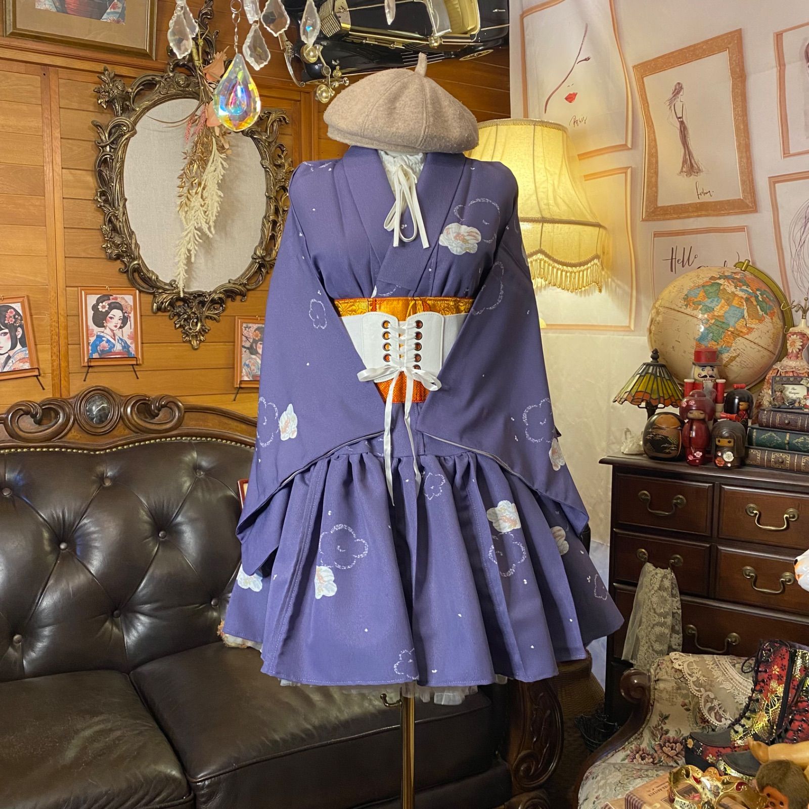 単衣 着物 ミニ丈 ワンピース ドレス 和ロリ 2部式作り帯 名古屋帯 お太鼓 リメイク 和洋折衷 洗える 化繊 ハンドメイド レトロ 古着 鮮やかなパープルに 可愛らしいお花 MKW 62