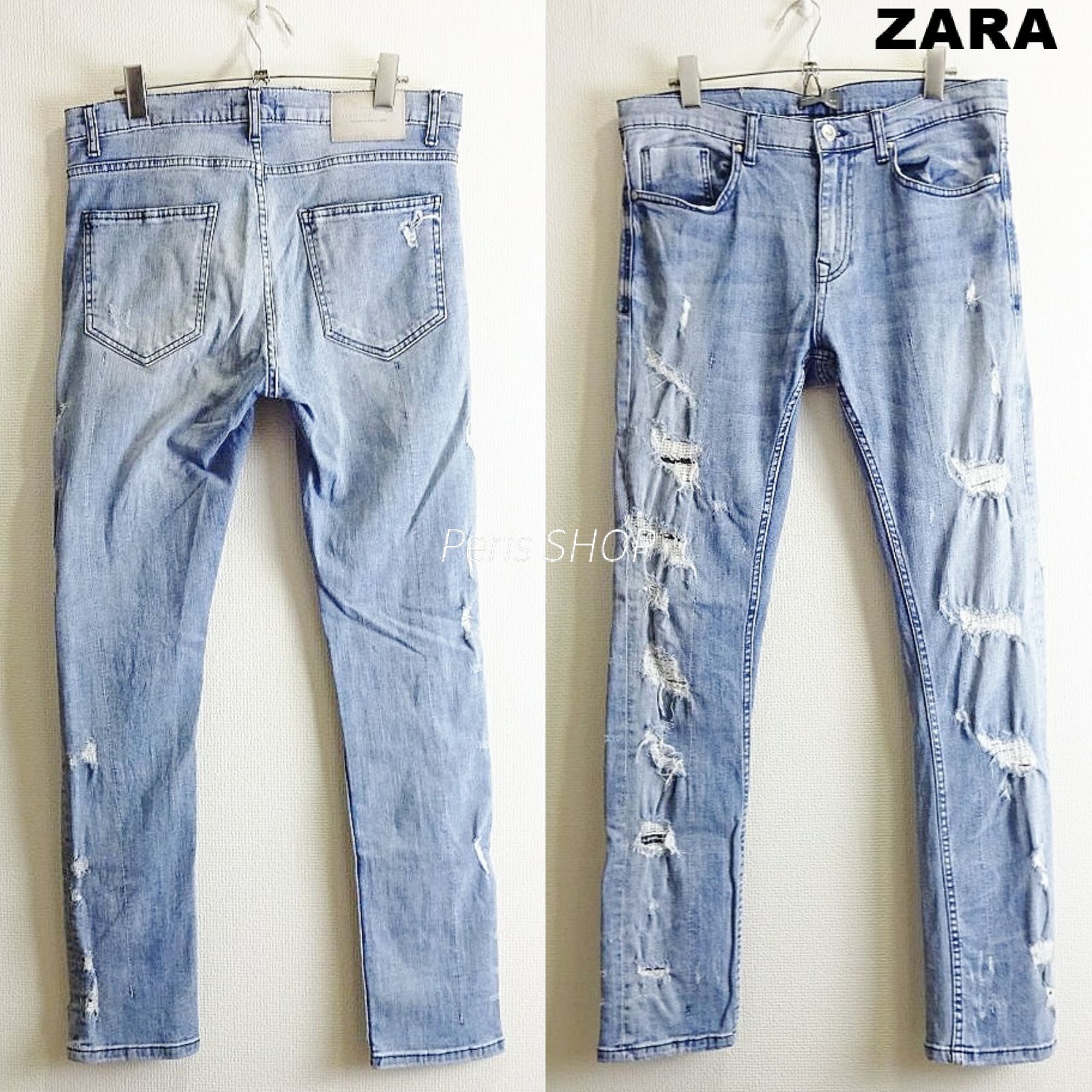 ZARA MAN スキニーデニム ストレッチ クラッシュ加工 W83cm 藍青 W91cm 