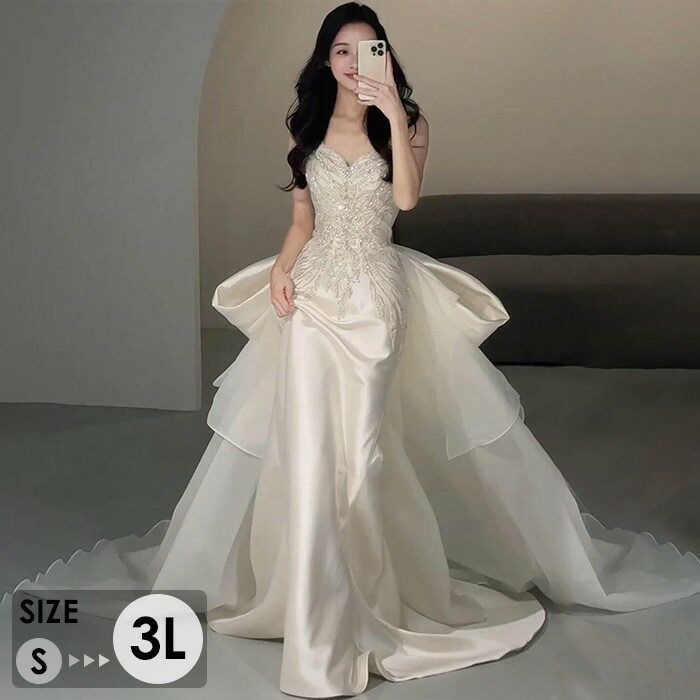 ウェディングドレス ビスチェタイプ マーメイドライン ビッグリボン 花嫁 白ドレス ワンピース プリンセス かわいい シンプル アンティーク クラシカル 結婚式 二次会 披露宴 前撮り 後撮り 撮影用 フォトウェディング ロンググローリーパーク