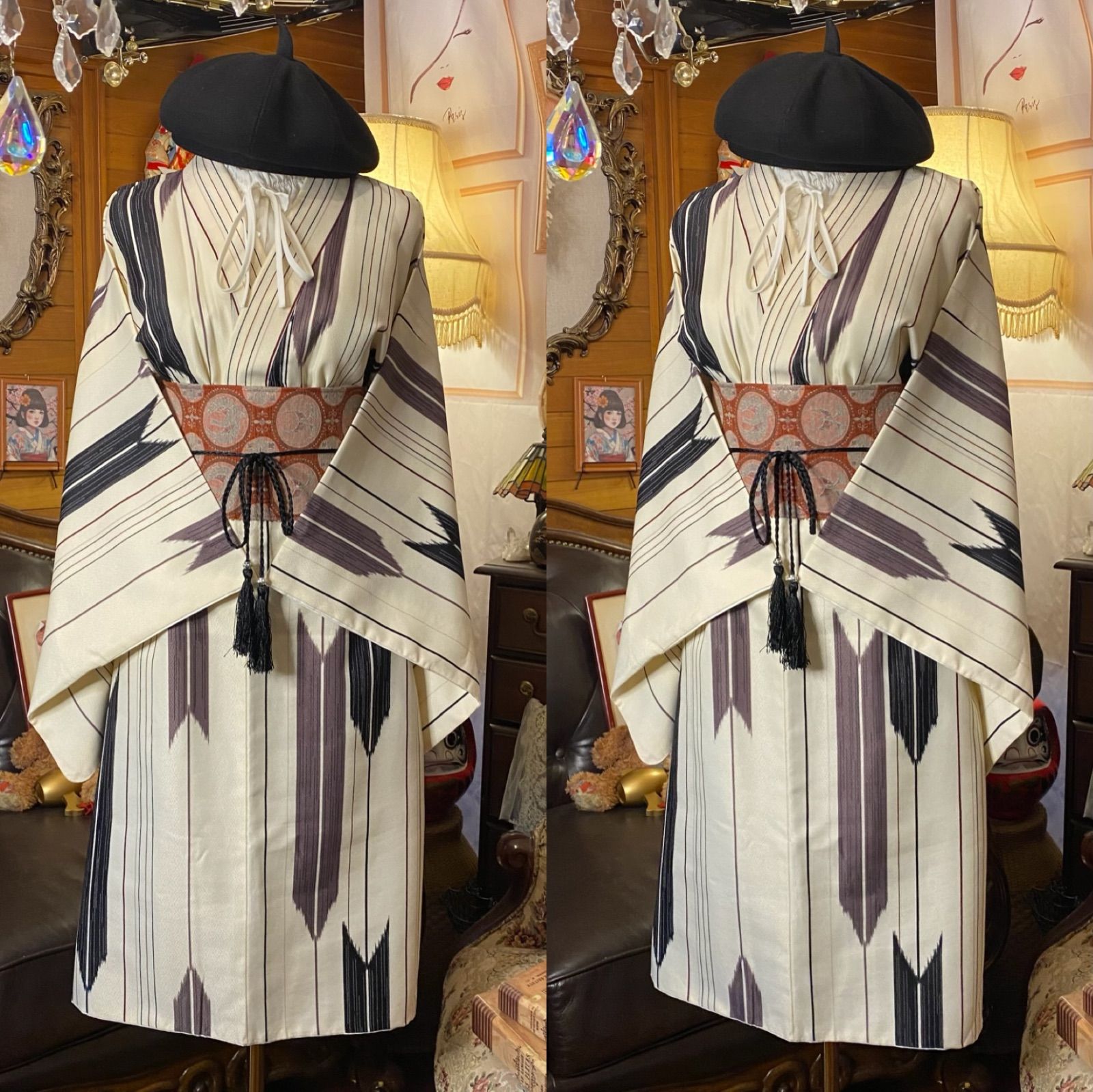 洗える 化繊 着物 袴 ハンドメイド リメイク ワンピース ドレス 名古屋帯サッシュベルト 和洋折衷 レトロ 古着 オフホワイト×矢羽根柄 KWH-27 みずたま畑の ムお着物