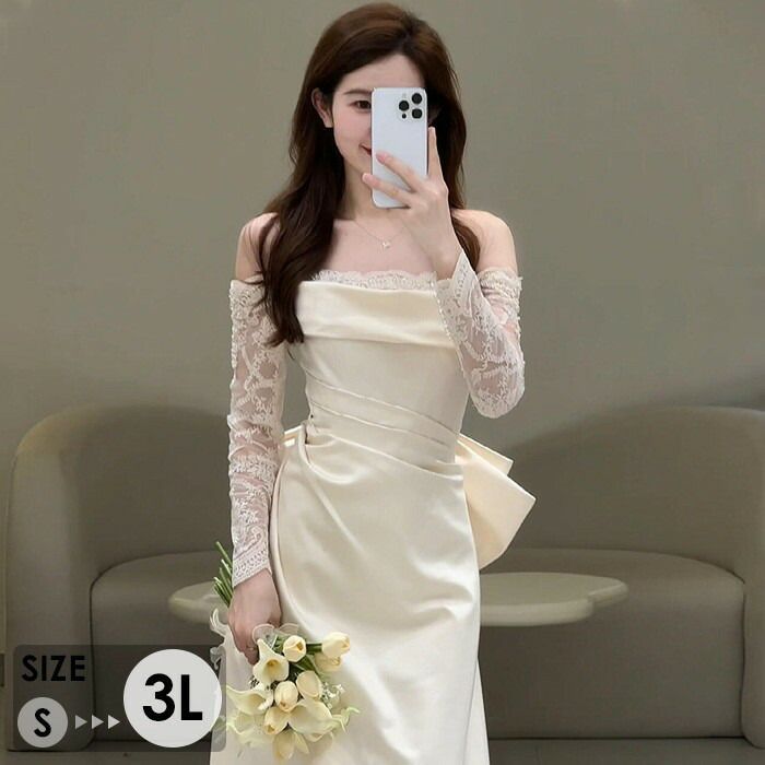 ウェディングドレス オフショルダー ビッグリボン レース 花嫁 白ドレス ワンピース プリンセス かわいい シンプル アンティーク クラシカル 結婚式 二次会 披露宴 前撮り 後撮り 撮影用 フォトウェディング ロンググローリーパーク