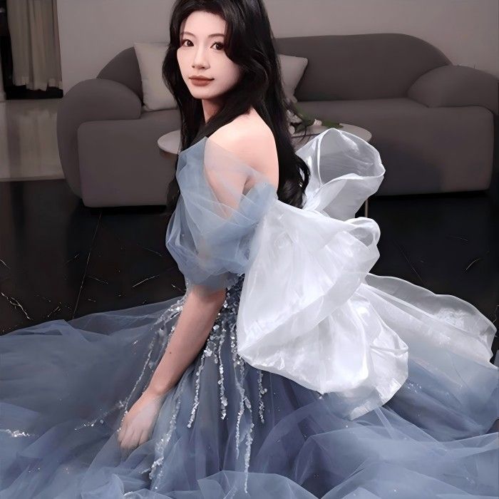 ドレス お色直し グレー 灰色 結婚式 ロングドレス 演奏会 ポワント袖あり 編み上げ ビッグリボン バックレス パーティードレス ウェディングドレス ウエディング フォト婚 ピアノ発表会 プリンセスライン ステージ 衣装