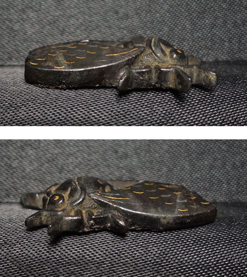 ☆赤銅地容彫蝉図目貫 無銘 高肉彫 金銀象嵌 毛彫 再生復活 cicada