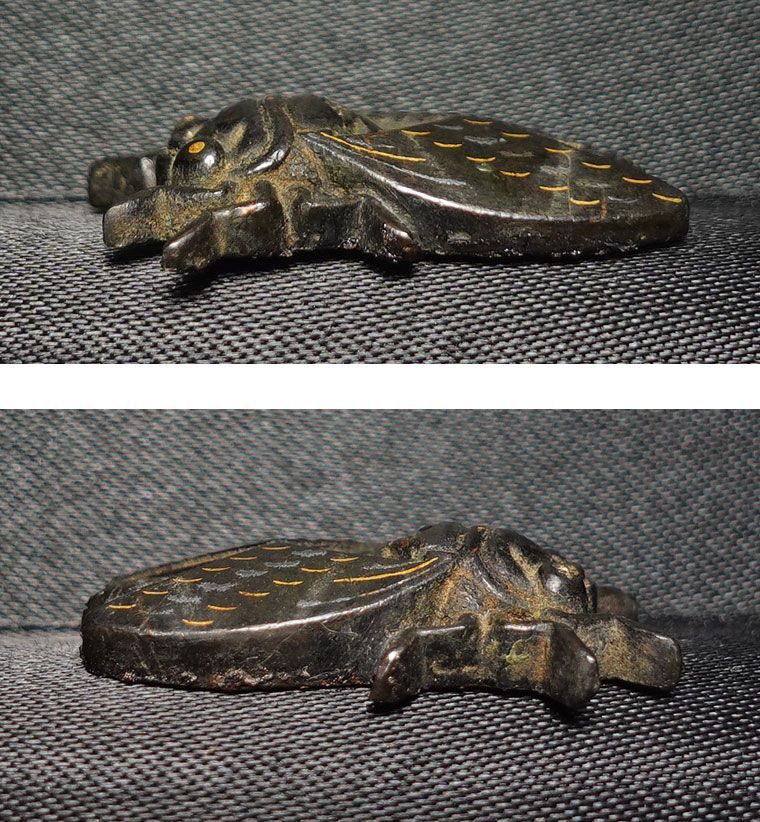 赤銅地容彫蝉図目貫　無銘　高肉彫　金銀象嵌　毛彫　再生復活　cicada　蝉時雨 ☆赤銅地容彫蝉図目貫 無銘 高肉彫 金銀象嵌 毛彫 再生復活 cicada