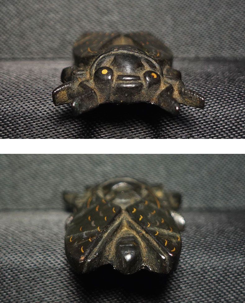 ☆赤銅地容彫蝉図目貫 無銘 高肉彫 金銀象嵌 毛彫 再生復活 cicada